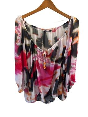 Madison Paige Boho Peasant Blouse in Pink Abstract Print - Women's Top 2X